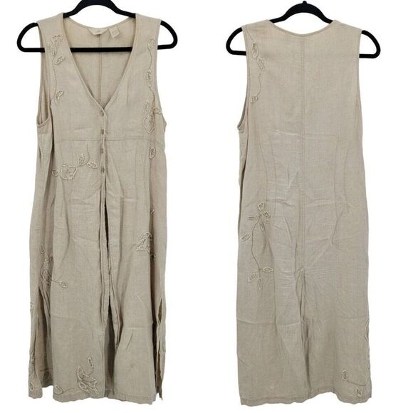 J. Jill Linen Embroidered Longline Sleeveless Duster M Oatmeal Lagenlook Boho - Picture 1 of 10